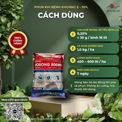 Cách dùng VOSONG 800WP: 0,22% cho cam và hồ tiêu, 1,0 kg/ha cho cà chua, nước 400–600 lít/ha