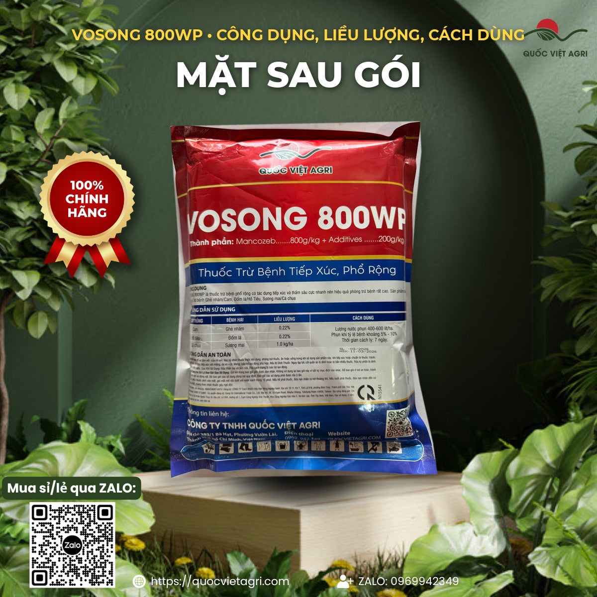 Mặt sau gói VOSONG 800WP với công dụng, liều lượng và hướng dẫn an toàn