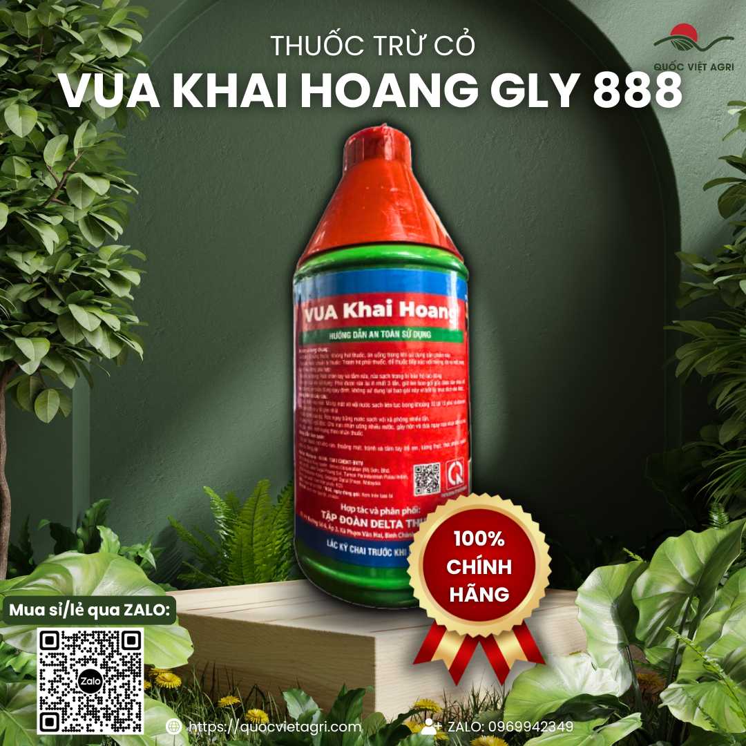 Mặt sau gói thuốc trừ cỏ Vua Khai Hoang Gly 888 với thông tin thành phần hoạt chất Glyphosate và hướng dẫn sử dụng chi tiết.


