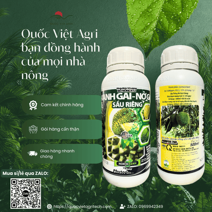 Hình ảnh hai mặt (trước và sau) của chai phân bón XANH GAI NỞ GAI SẦU RIÊNG 500ml, đầy đủ nhãn mác, chuyên dưỡng trái sầu riêng.