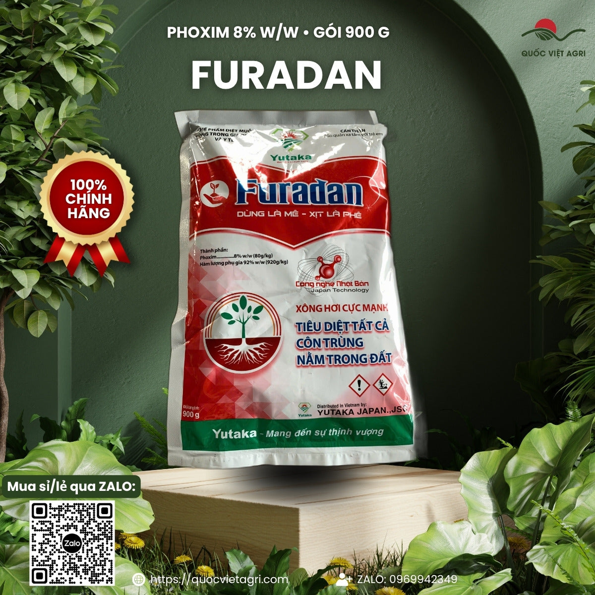 Mặt trước gói Yutaka Furadan 900 g – phoxim 8% w/w, sản phẩm chính hãng của Quốc Việt Agri